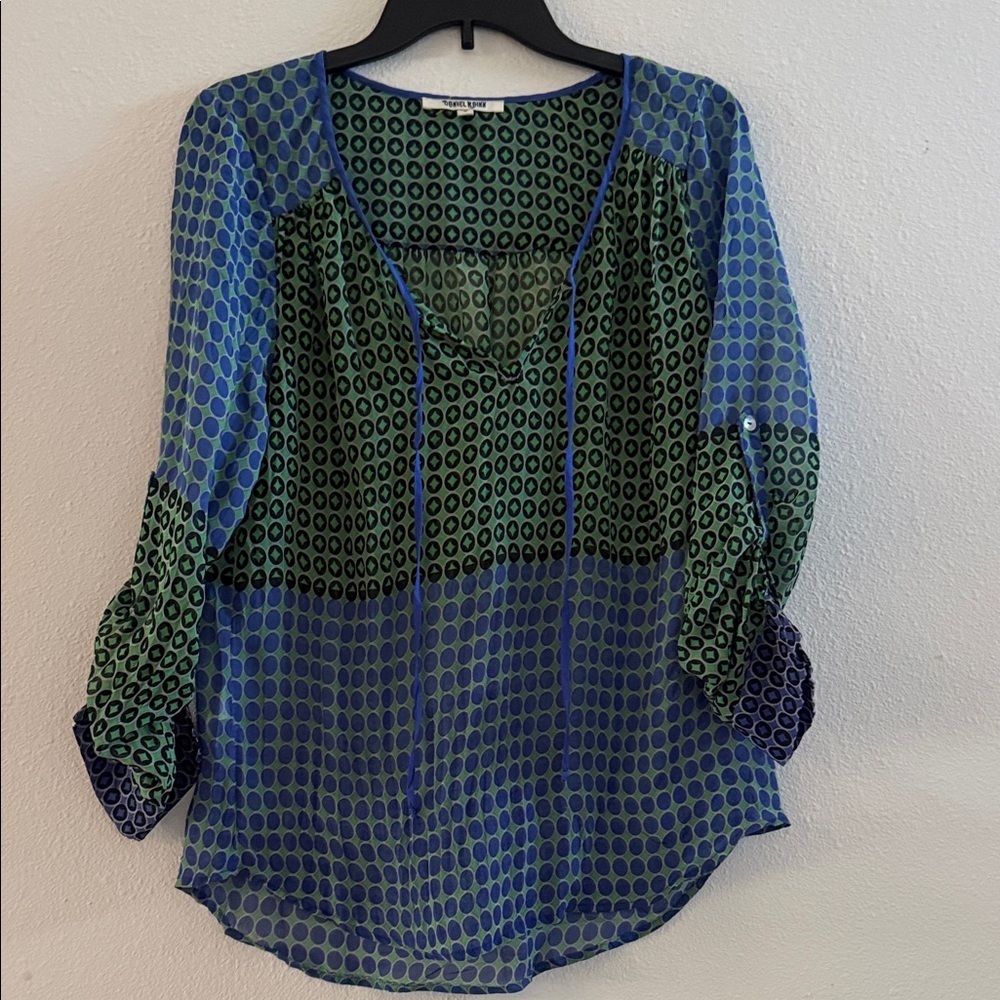 Daniel Rainn Blue and Green Patterned Blouse
